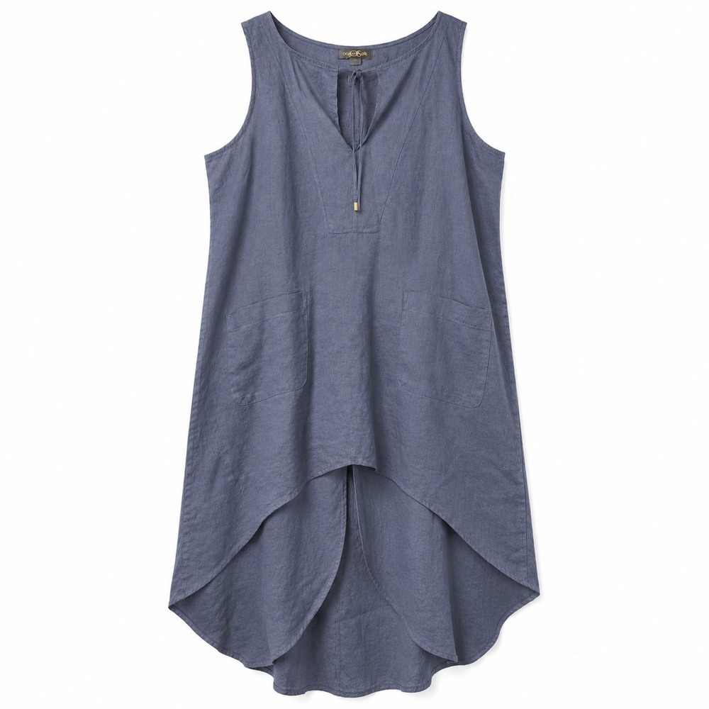 AUGUST SILK 100% Linen Hi-Lo Tunic Top Sz L Navy Sleeveless Lagenlook Boho Chic